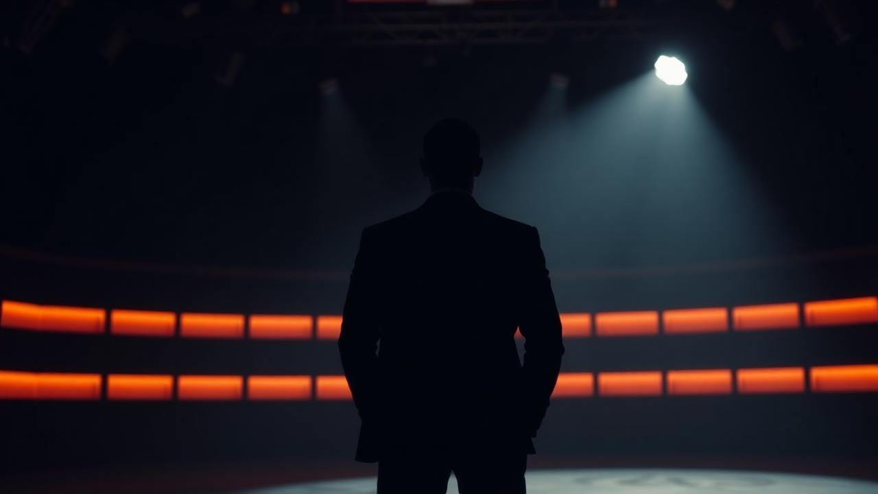 Professional speaker in a dark studio